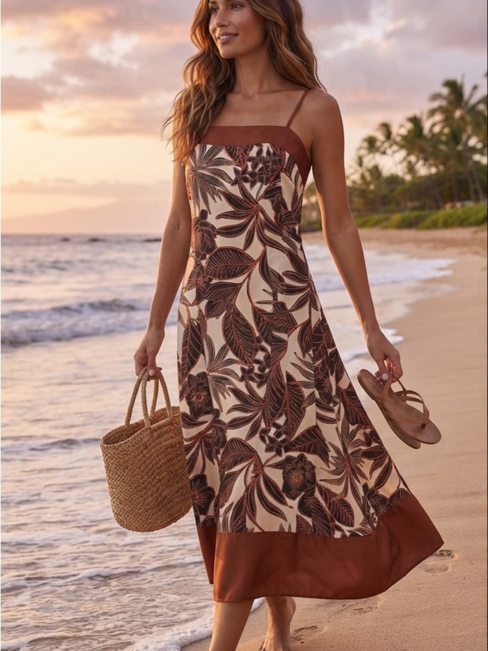 DKNY Cream and Brown Tropical Print Sundress